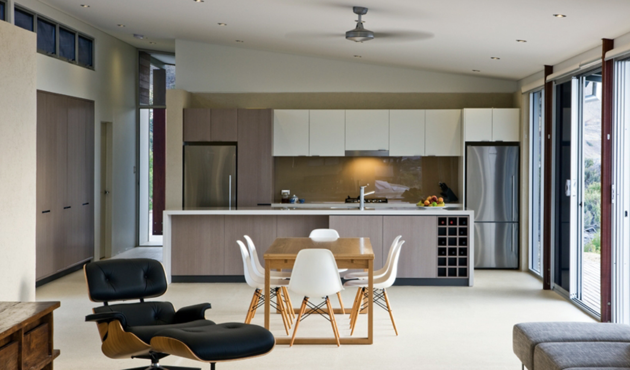 Open plan kitchen benchtop and living space